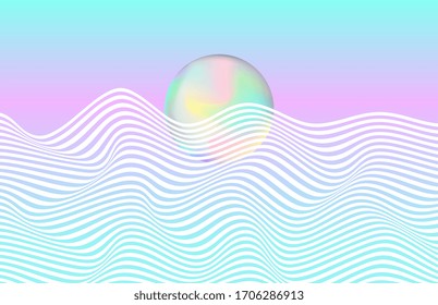 Esfera y olas. Fondo futurista. Obra vectorial. Azul, rosa, amarillo, beige, violeta, verde.