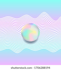 Sphere and waves. Futuristic background. Border frame. Trendy vector artwork. Minimalism concept. Print, poster, banner, wallpaper, web template, card. Blue, pink, yellow, beige, purple, green colors.