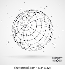 Sphere wireframe mesh with connected lines and dots. Connection Structure. Geometric Modern Technology Concept. Digital Data Visualization. Globe matrix rotation. Vector illustration.
