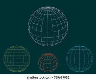 Sphere wireframe set.Vector outline illustration.