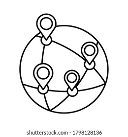 sphere world planet with pins location line style icon vector illustration design