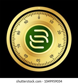 SpherePay (SAY) cryptocurrency safe lock. Eps10 vector illustration isolated on black background.