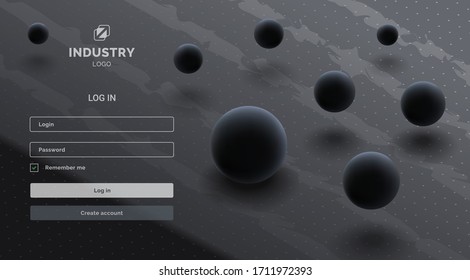 Spheres above the surface. Dark abstract composition. Log in interface.