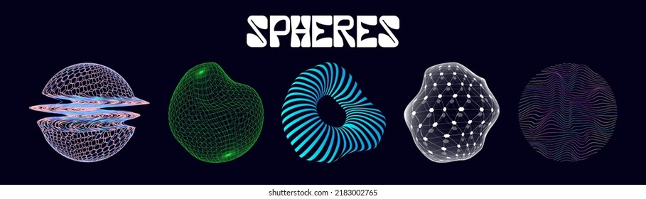 Spheres, abstract shapes objects in the style of retrofuturism with effect glitch, liquid. Holographic illuminated in 80s-90s. Retro futuristic design vaporwave, synthwave for merch, t-shirt. Vector