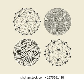 Spheres with connected lines and dots. Abstract 3d grid design. Technology style. Vector illustration.