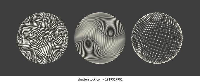 Spheres with connected lines and dots. Abstract 3d grid design. Technology style. Vector illustration.