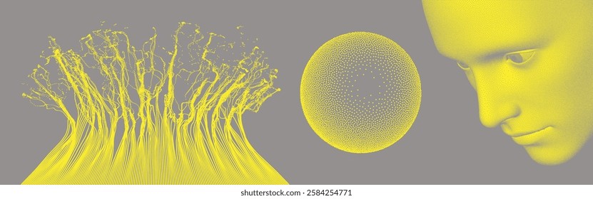 Spheres consisting of dots. Concept of the technology. The face of a man looking downwards in deep thoughtfulness. Simulation of water splashing. Vector for brochure, poster, flyer or banner.