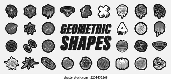 Spheres, cubes, shapes in perspective and isometric in stickers. Universal geometric shapes in 3D wireframes. Brutalism sticker pack from 80s-90s, concept retrowave, vaporwave. 3D vector elements set