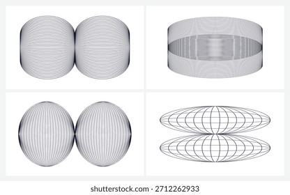 Esferas y cilindros de arte lineal Formas de estructura metálica, paquete de cuatro formas de línea geométricas: cilindros gemelos, esferas gemelas y anillos orbitales. Gráficos científicos monocromos para carteles tecnológicos