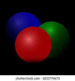 Spheres of different colors on a black background. Red sphere. Blue ball. Green ball. Black background. Abstract representation. Circles. Geometric figure. Place for text. Background image. Vector.