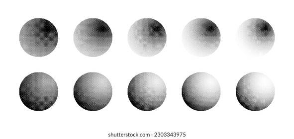 Esferas con diferente densidad de vectores de degradado de mapa de bits aislados en fondo blanco. Formas Esféricas Con Diferentes Formas De Arte Gráfico Retro 8 Bits Textos Diseño Elementos Colección