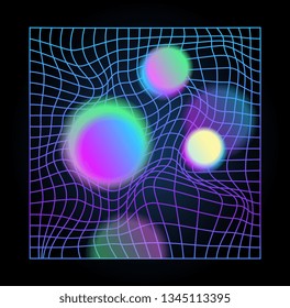 Spheres and distorted neon light grid pattern. Retrowave, synthwave, vaporwave. Technology background. Gravitation. Yesterday’s tomorrow style. Black, purple, green colors. Banner, print, wallpaper