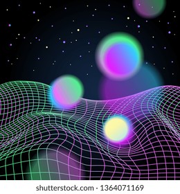 Spheres and distorted neon light grid pattern. Retrowave, synthwave, vaporwave. Technology background. Gravitation. Yesterday’s tomorrow style. Black, purple, green colors. Banner, print, wallpaper