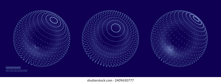 Esferas de puntos desdibujan la profundidad del efecto de campo DOF. Conexiones digitales globales. Resumen de partículas 3d Diseño de cuadrícula. Ilustración HUD de Vector Future High Technology Gran Matriz de puntos.