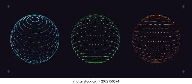 Spheres of Dots Particles. Atom Orb Technology Abstract Design Elements. Collection Of Minimalistic Geometric Design Sci-Fi Elements. Futuristic VR Digital Vector Illustration.