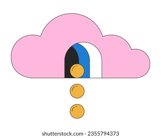 Spheres dropping from surreal cloud flat line color isolated conceptual clipart. Balls falling. Editable vector object on white background. Simple outline cartoon spot illustration for web design