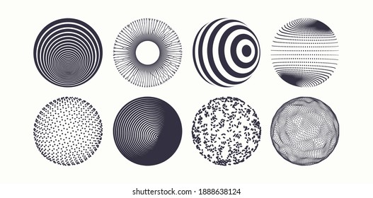 Spheres formed by many ellips or dots or lines. Abstract design elements. Optical art. 3d vector illustration for science, education or medicine. 