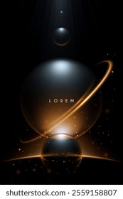 Spheres with golden light effects on black background