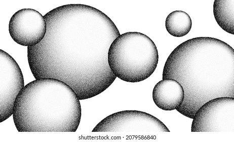 Spheres of grain balls background. Black noise dots 3D soap bubbles. Sand grain effect ball shape. Abstract noise dot object. Halftone dots geometric bubbles elements. Dotted spheres vector banner.