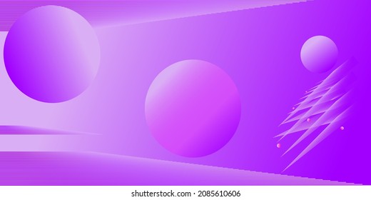 Spheres imitating planets or Christmas toys. Triangular decorative elements on a purple-pink gradient