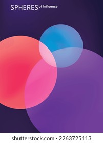Spheres of influence. Overlapping amaranth, purple and blue circles on saturated dark violet background. Simple vertical vector graphic pattern