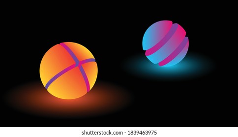 The Spheres On A Black Background Emit Soft Blue And Orange Light. Neon Glow.
