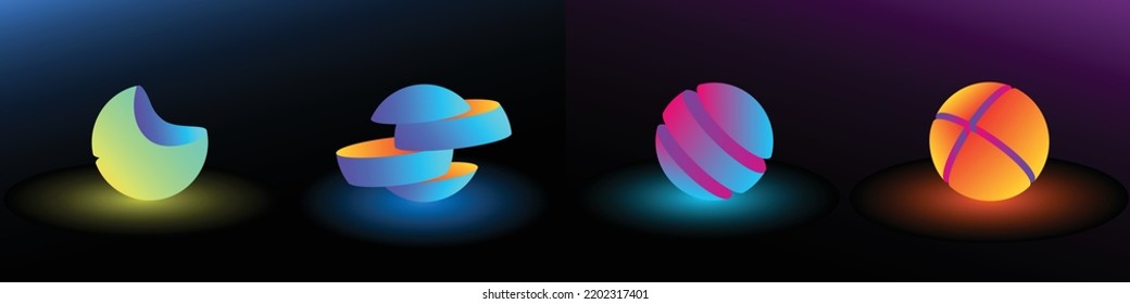 The spheres on a black background emit soft blue and orange light. Neon glow.
