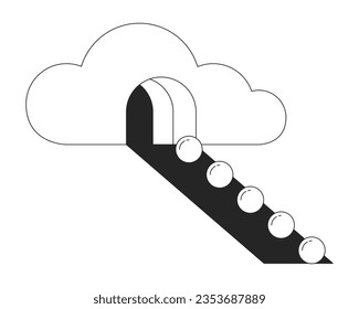 Spheres rolling out surreal cloud flat monochrome isolated conceptual clipart. Psychedelic factory. Editable black and white line vector object. Simple outline spot illustration for web graphic design