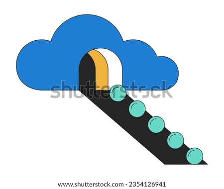 Spheres rolling out surreal cloud flat line color isolated conceptual clipart. Psychedelic factory. Editable vector object on white background. Simple outline cartoon spot illustration for web design