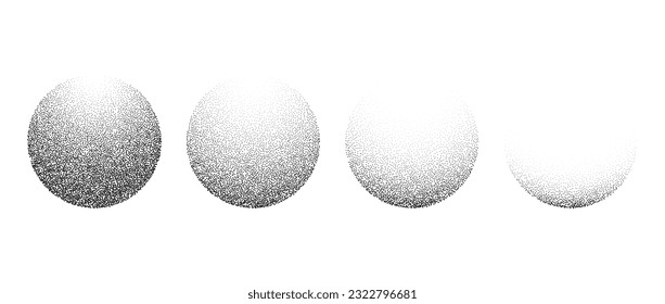 Spheres set with textured gradient. Black dotted circles collection. Stippled round elements pack. Fading noise grain dot work shapes. Vanishing halftone effect illustration bundle. Vector 