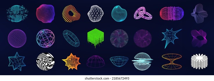 Spheres, shapes 3D in retrofuturistic style. Universal geometric shapes with glitch, liquid, deformation effect. Trendy cyberpunk, Vaporwave, synthwave concept. Memphis 3D spheres and shapes. Vector