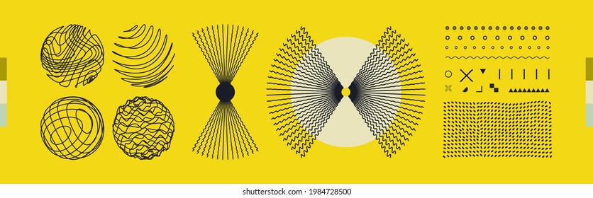 Spheres with twist lines. Abstract radial lines as propeller or fan. Design elements for badge or label. Vector illustration.