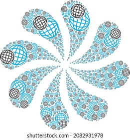 Spheric balls icon curl bang turbine fireworks shape. Turbine burst organized from scattered spheric balls items.