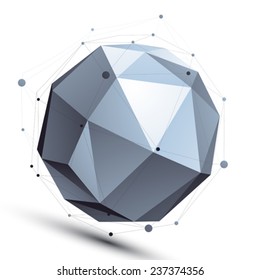 Spherical 3D abstract object with connected lines and dots isolated on white background.