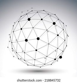 Spherical abstract black and white lined 3D illustration, vector digital eps8 lattice messy technology object.