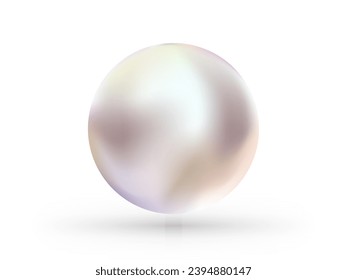 Spherical beautiful 3D pearl on white background. Round colored nacre formed within the shell of a pearl oyster, precious gem. Vector illustration.  Beautiful 3D shiny natural White Pearl. 