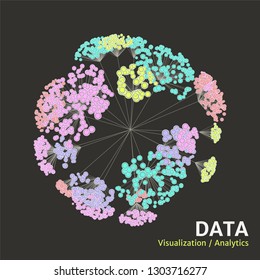 Spherical big data visualization concept. Infographics design. Cluster analysis.