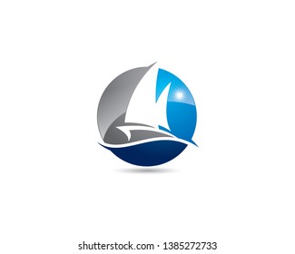 spherical boat yacht in negative space logo with sun shining on summer ocean wave