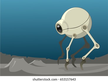 A spherical bug shaped alien robot (or vehicle) with legs walking over the surface of a rocky planet. Vector Illustration
