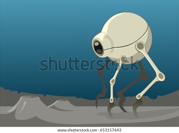 A\
spherical bug shaped alien robot (or vehicle) with legs walking\
over the surface of a rocky planet. Vector\
Illustration