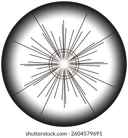 Spherical burst icon. Radiant light shape. Bright radial lines. Vector circular symbol.