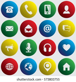 Spherical communication icon set. Vector colorful pictograms for business, mobile, web: phone, mobile, profile, mail, envelope, location, web, chat, microphone, headphones, megaphone, home and others