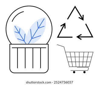 A spherical container with leaves, a recycling symbol with arrows, and a shopping cart. Ideal for green initiatives, eco-friendly practices, recycling, sustainable shopping, and environmental