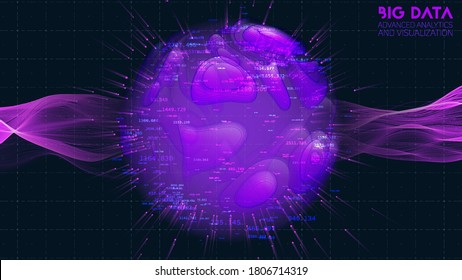 Spherical data cloud visualization. 3D big data scientific processing. Futuristic HUD or UI mainframe screen. Technological data clusters analysis. Intricate information connections.