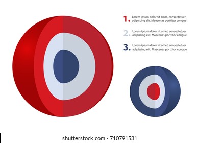 Spherical diagram consisting of 3 layers. Infographic set for presentations. Layered sphere. Round design element isolated on white background. Vector illustration.