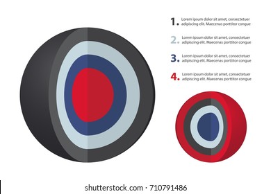 Spherical diagram consisting of 4 layers. Infographic set for presentations. Layered sphere. Round design element isolated on white background. Vector illustration.