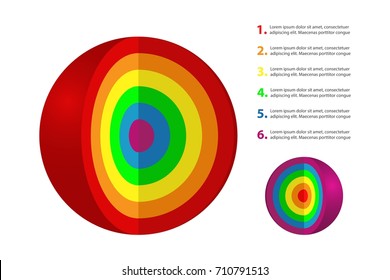 Spherical diagram consisting of 6 layers. Infographic set for presentations. Layered sphere. Round design element isolated on white background. Vector illustration.