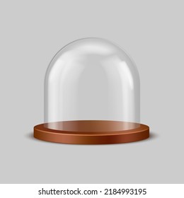 Domo esférico, estuche transparente para exposiciones y presentaciones, utensilios de cocina y recuerdos de Navidad. Exposición realista 3D con placa de madera clara, ilustración vectorial