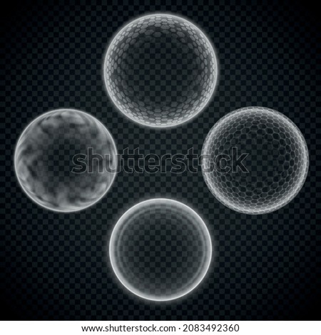 Spherical energy shield set isolated on transparency grid, various force or defense fields, deflector or protective bubble, science fiction element a metaphor of absolute protection or damage immunity