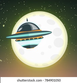 A spherical flying saucer flies in the starry sky against the background of the big full moon. Space travel. Vector illustration